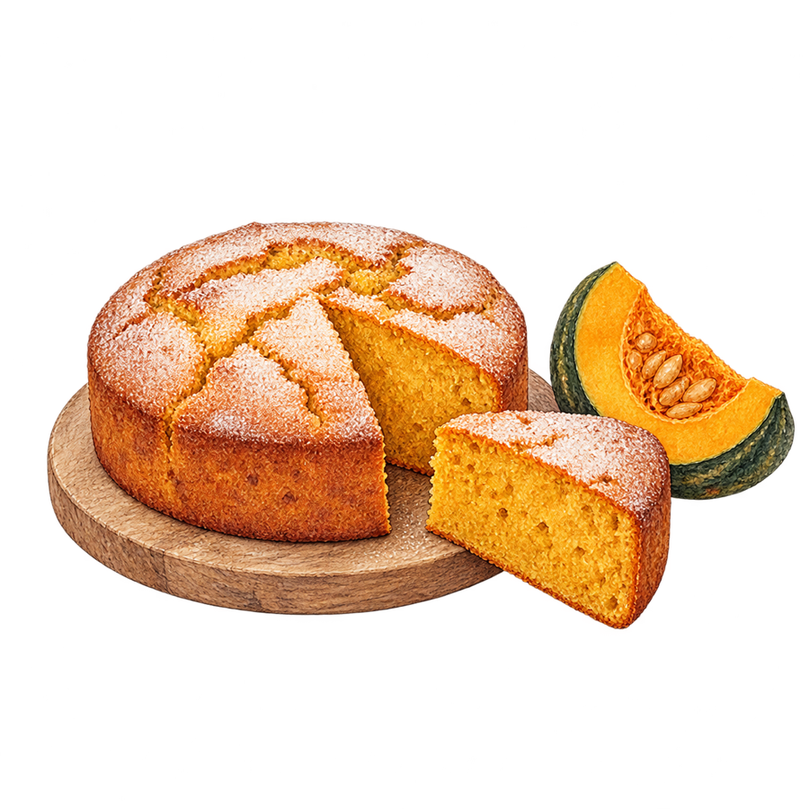 かぼちゃのケーキと、切った一切れと、生のかぼちゃの絵