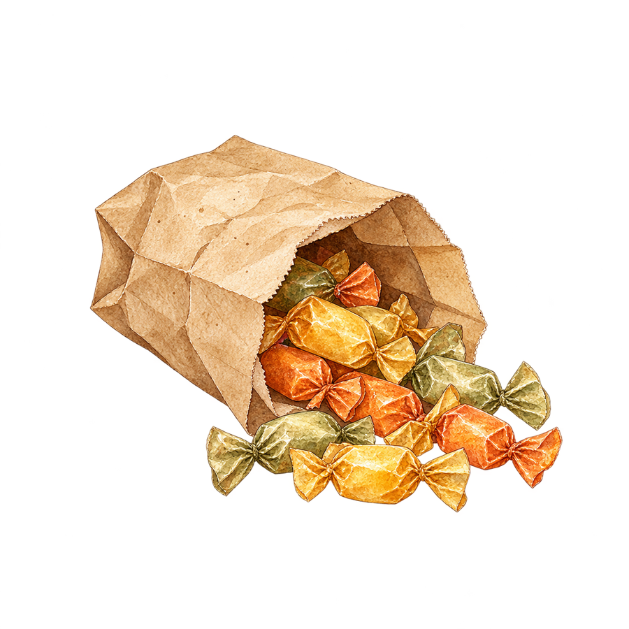 包み紙のお菓子がこぼれる紙袋の絵