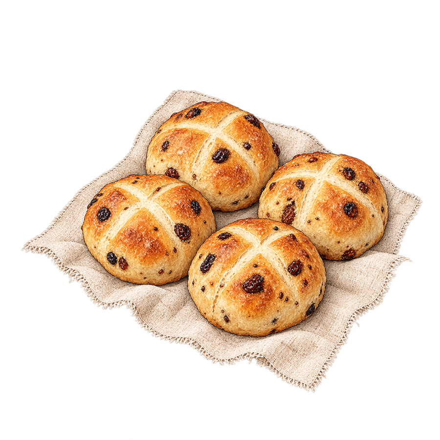 十字の印を付けた小さな焼き菓子4つの絵
