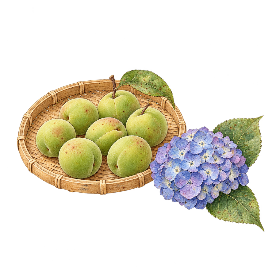 ざるの青梅と紫陽花の絵