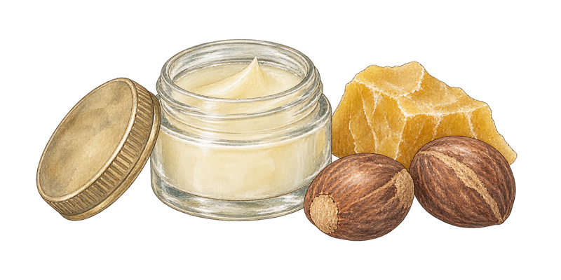 A drawing of a small jar of cream, beeswax, and shea nuts