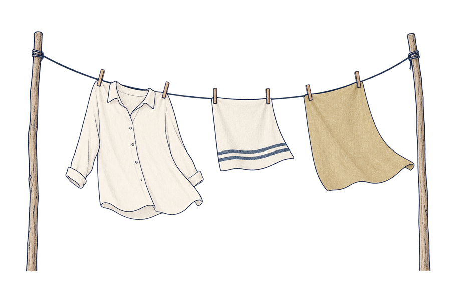 A drawing of a shirt and cloths hung on a clothesline