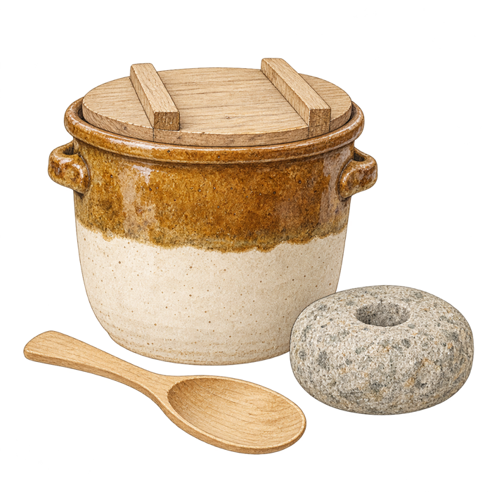 A drawing of a crock for packing miso, a weight stone, and a rice paddle