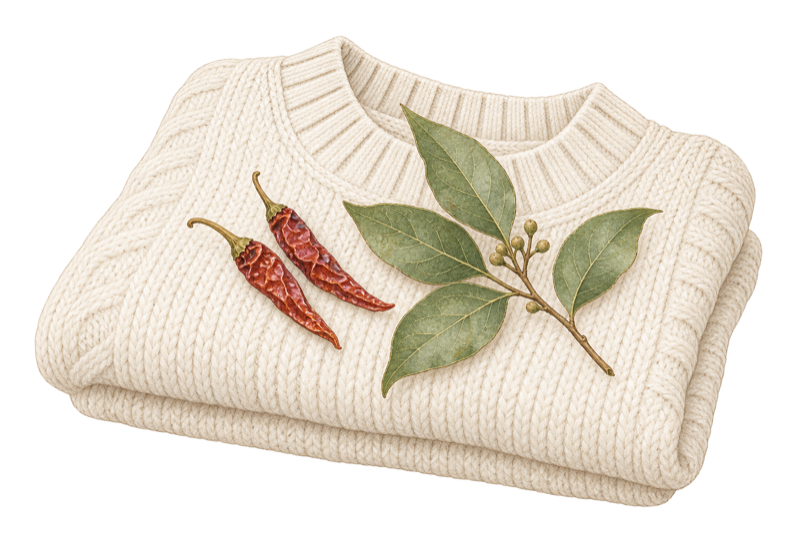 A drawing of a folded sweater with chili peppers and camphor tree leaves on it
