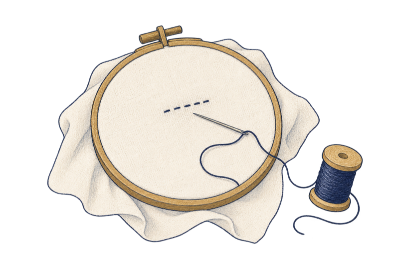 A drawing of cloth stretched in an embroidery hoop, with a needle and thread