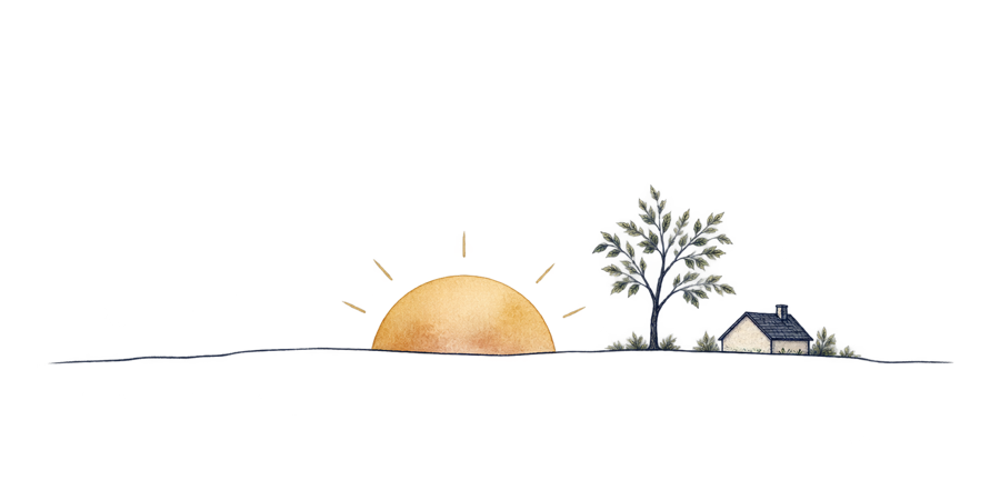 A drawing of the sun setting on the horizon, with a tree and a roof as markers